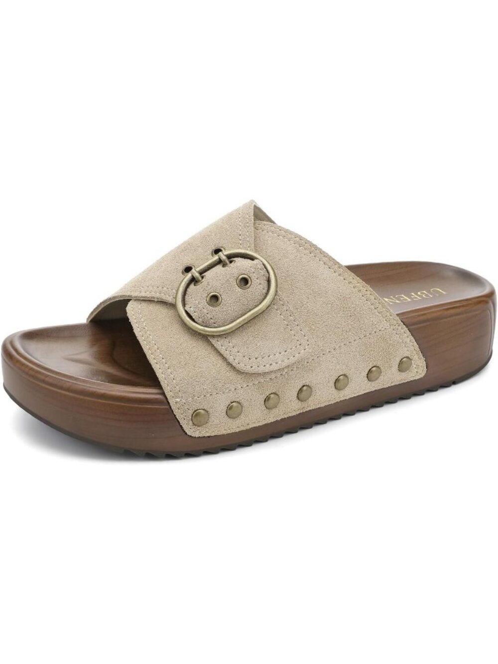 🆕 Women's Beige Suede Platform Slide Sandals Buckle Studded Summer Shoes